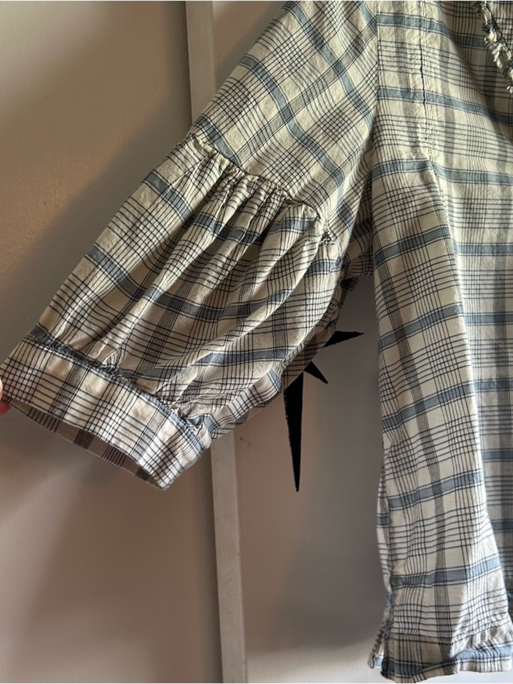 Urban Outfitters Boho Plaid Peasant Blouse - Cream & Blue - Picture 3 of 13
